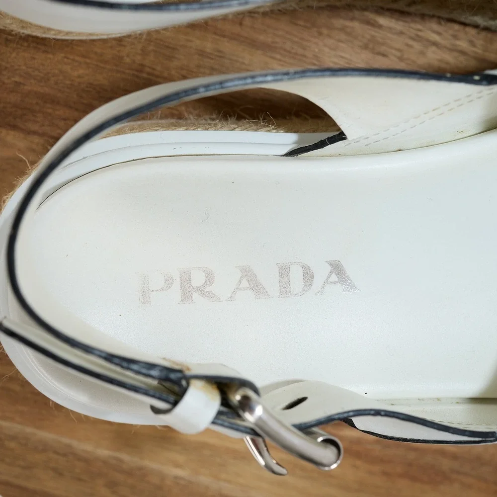Prada White Leather Crisscross Platform Espadrille Sandals 36 Slingback Flatform